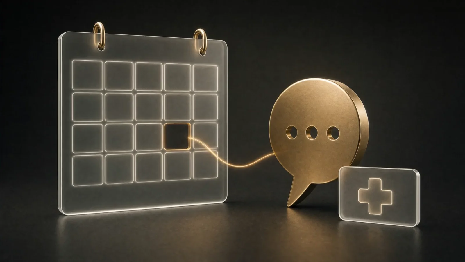A glass calendar with an open slot linked to a gold message bubble and medical cross tile.