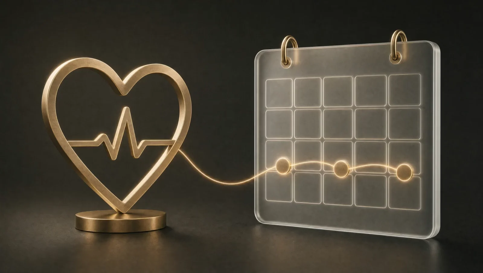 A gold heart and pulse symbol linked to a glass monthly calendar.