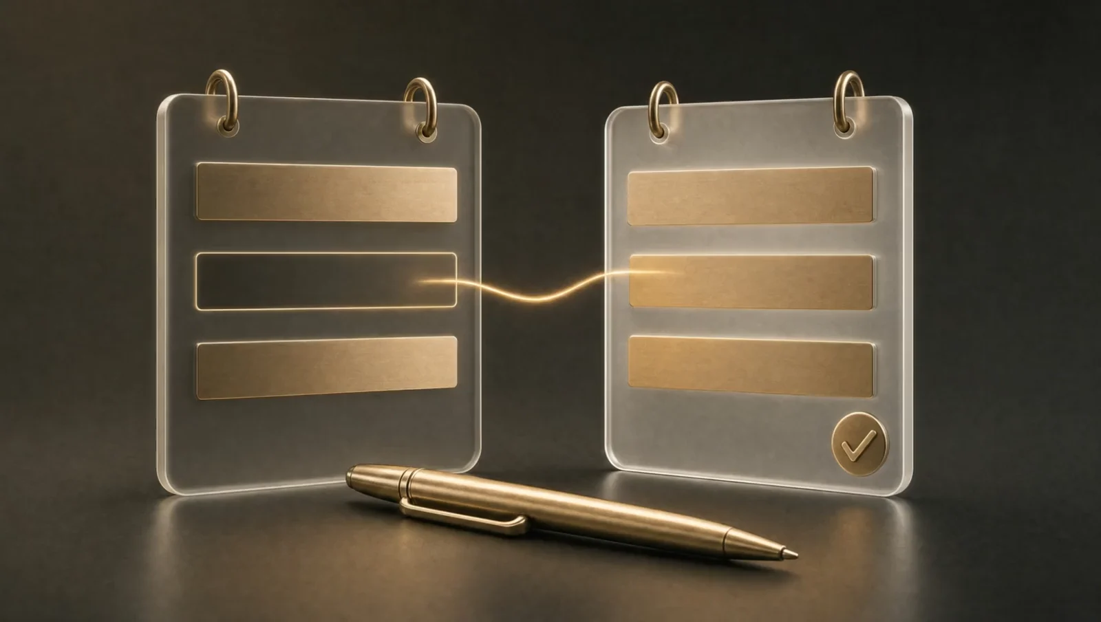 Two glass chart panels, one with a missing field and one filled in, with a pen below.