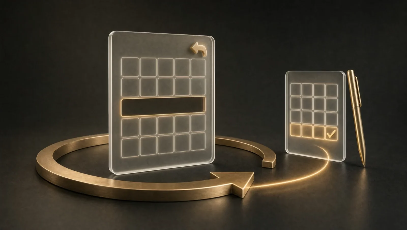 A returned glass claim linked by a circular gold arrow to a corrected document.