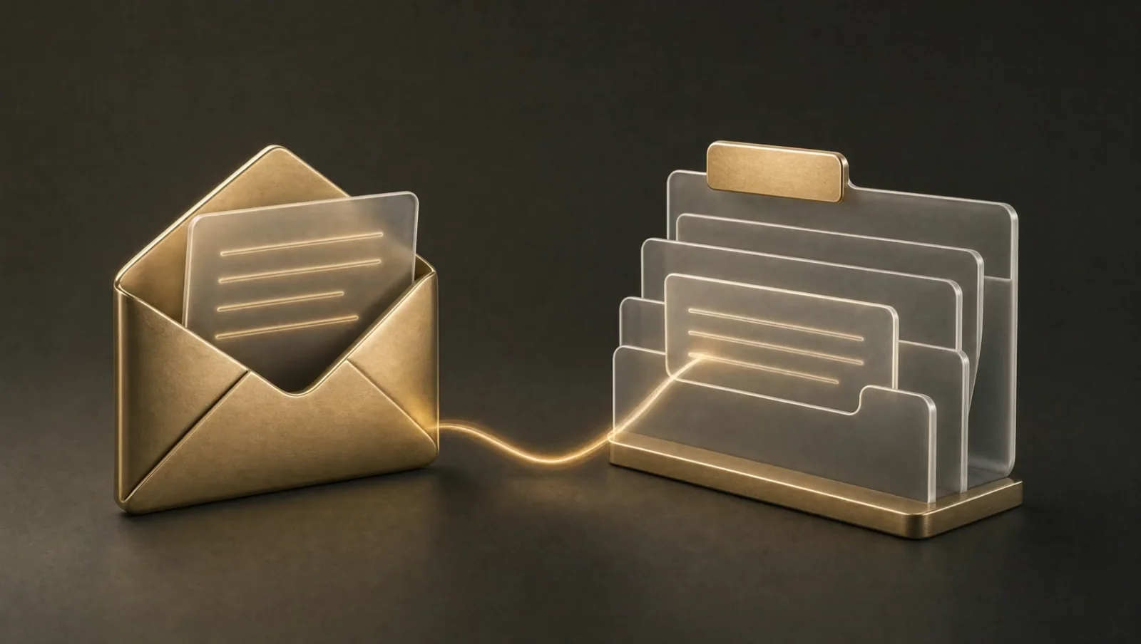 A gold envelope linked to a frosted-glass sorting tray.