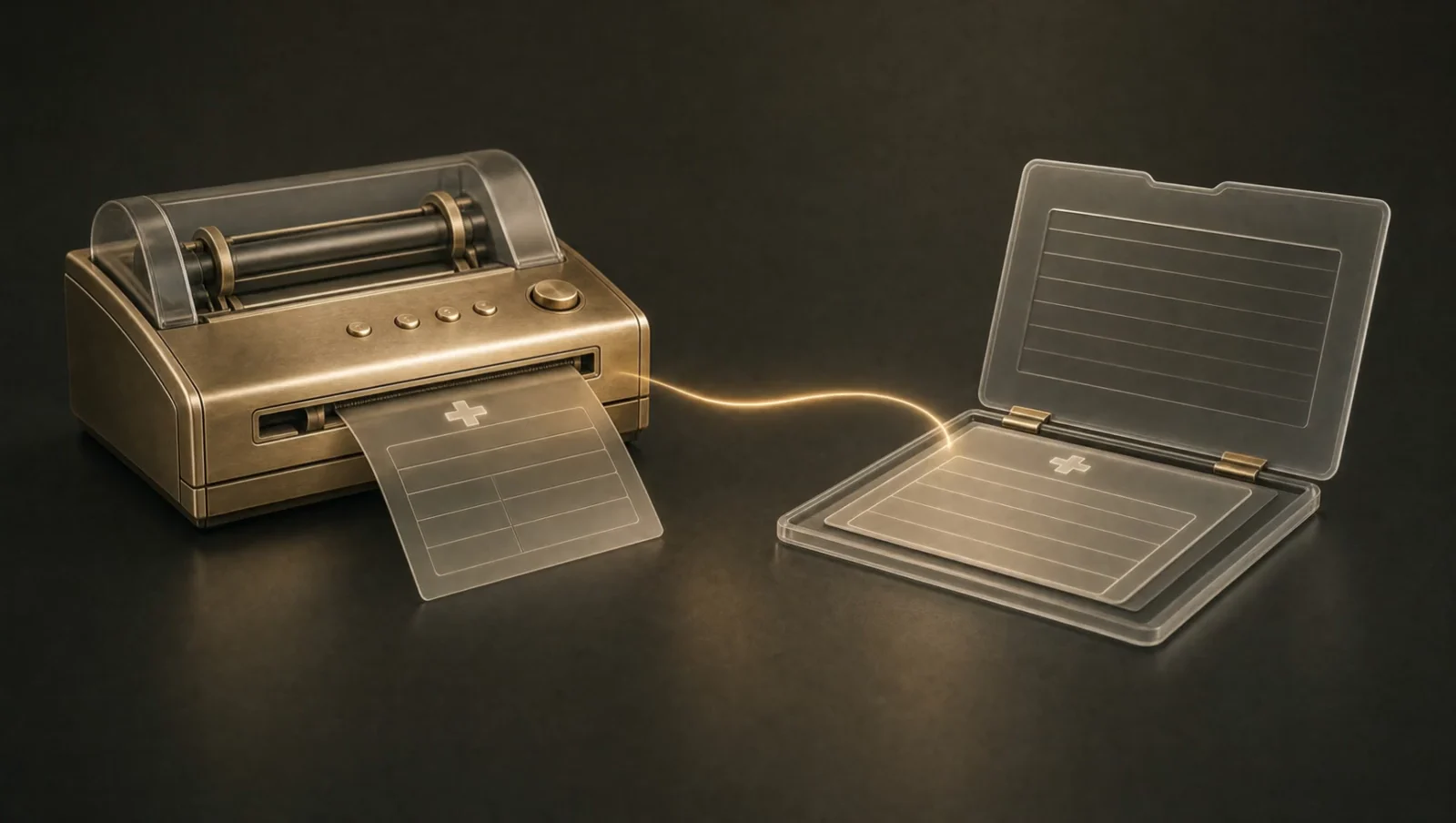 A gold fax machine linked to an open glass patient chart.