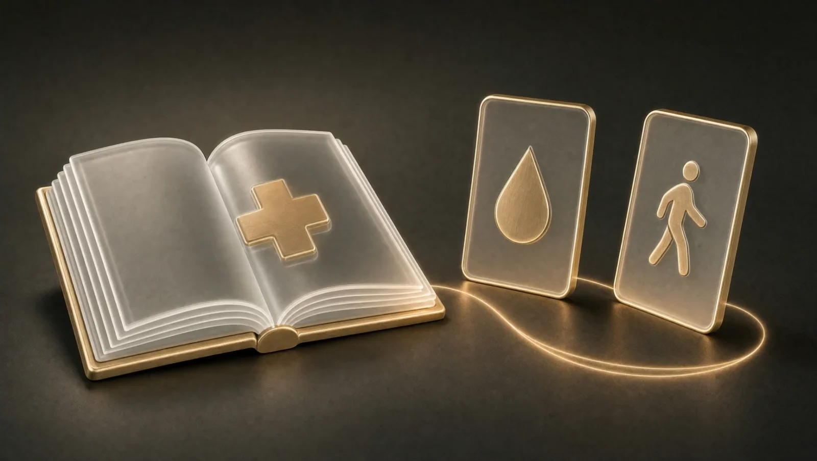 An open glass medical book beside gold cards showing a droplet and a walking person.