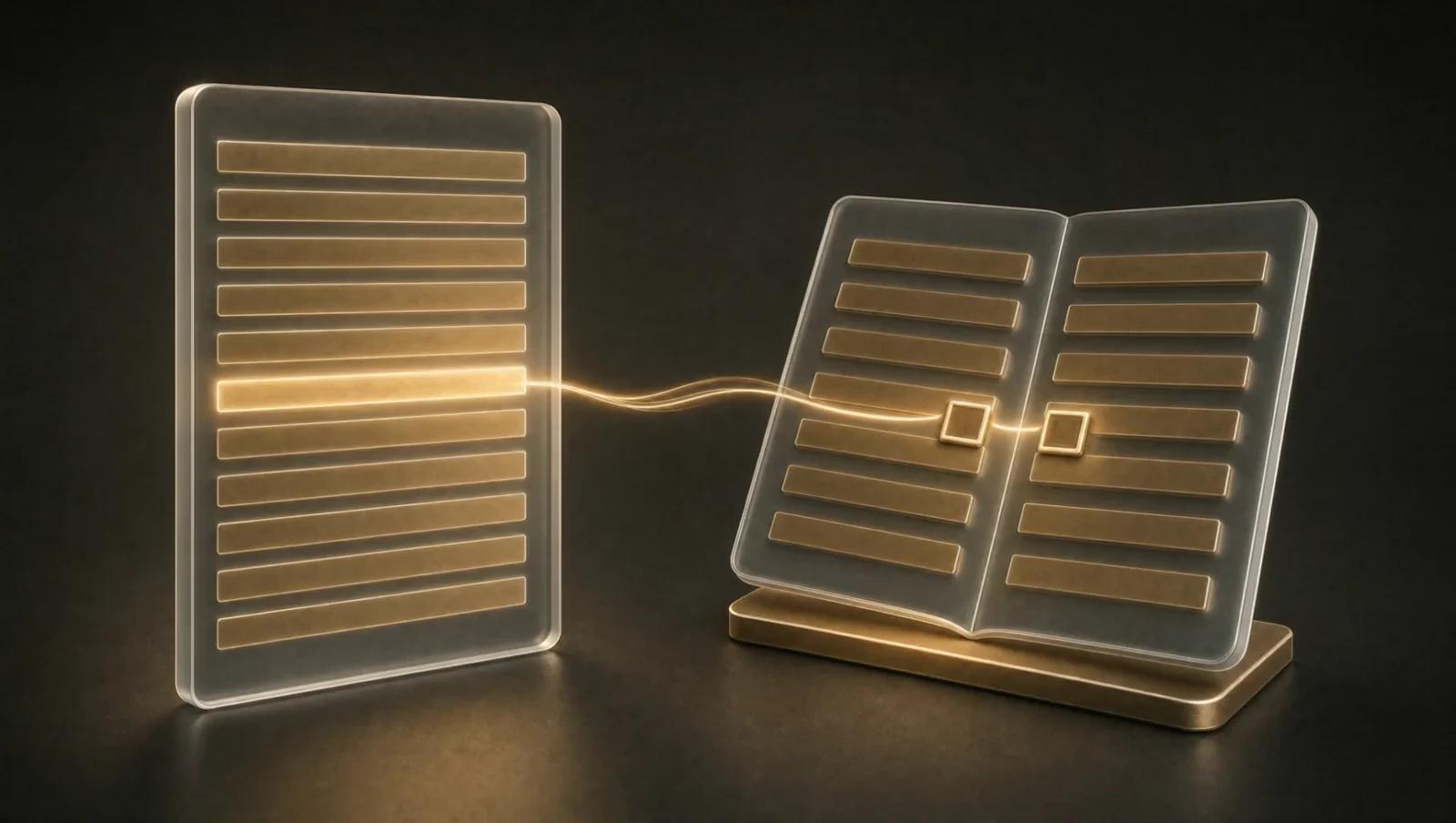 A gold and glass remittance sheet linked to a matching glass ledger.