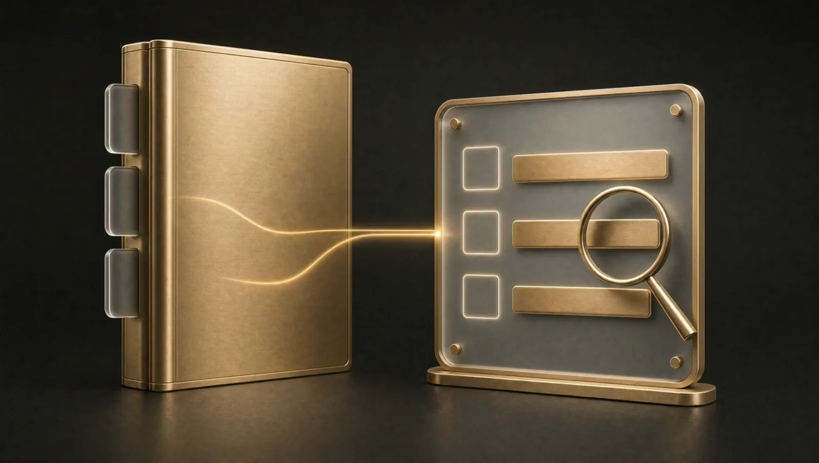 A gold dossier beside a glass checklist with empty boxes and a gold magnifier.