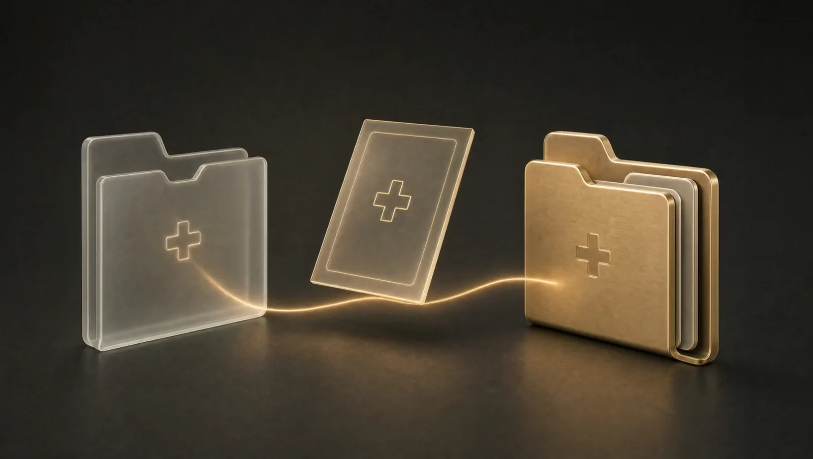 Gold and glass patient folders with a record passing between them.
