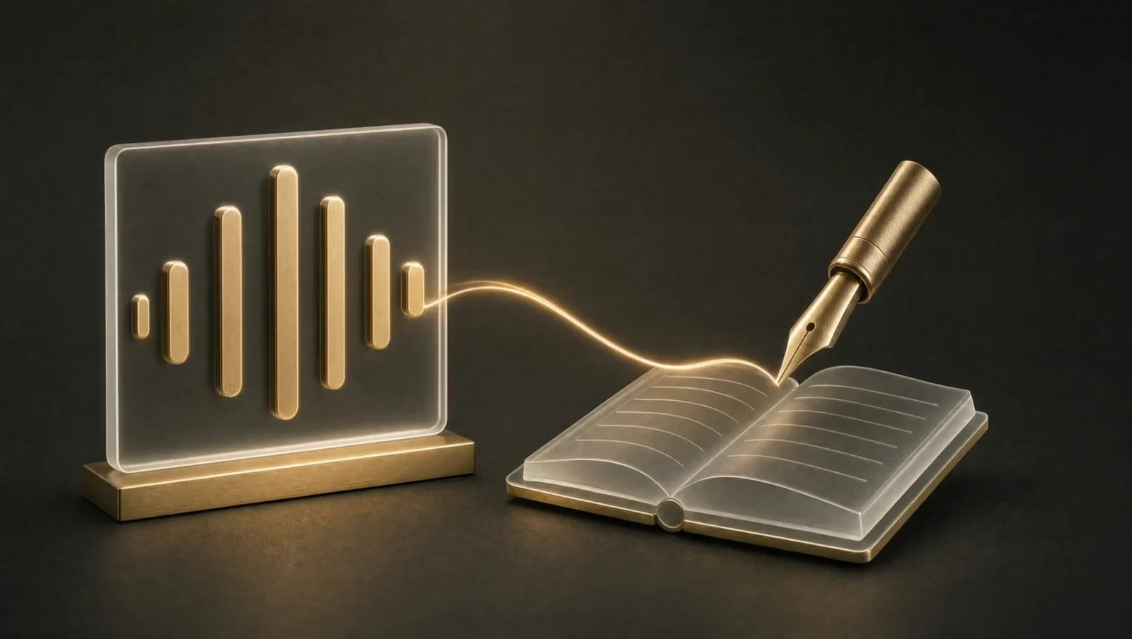 A gold waveform linked to an open glass notebook with a gold pen.