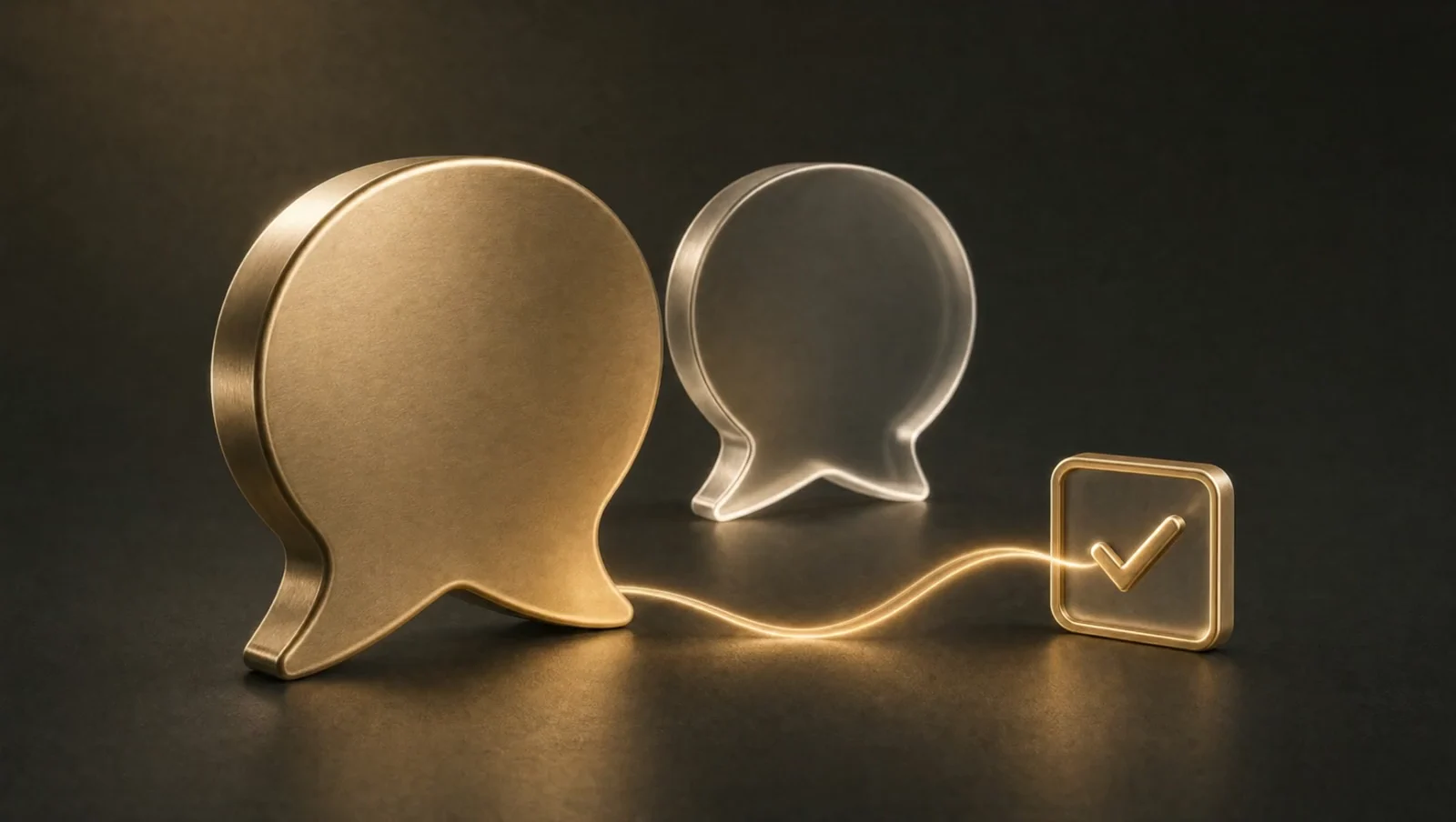 Gold and glass message bubbles linked to a glass checkmark tile.