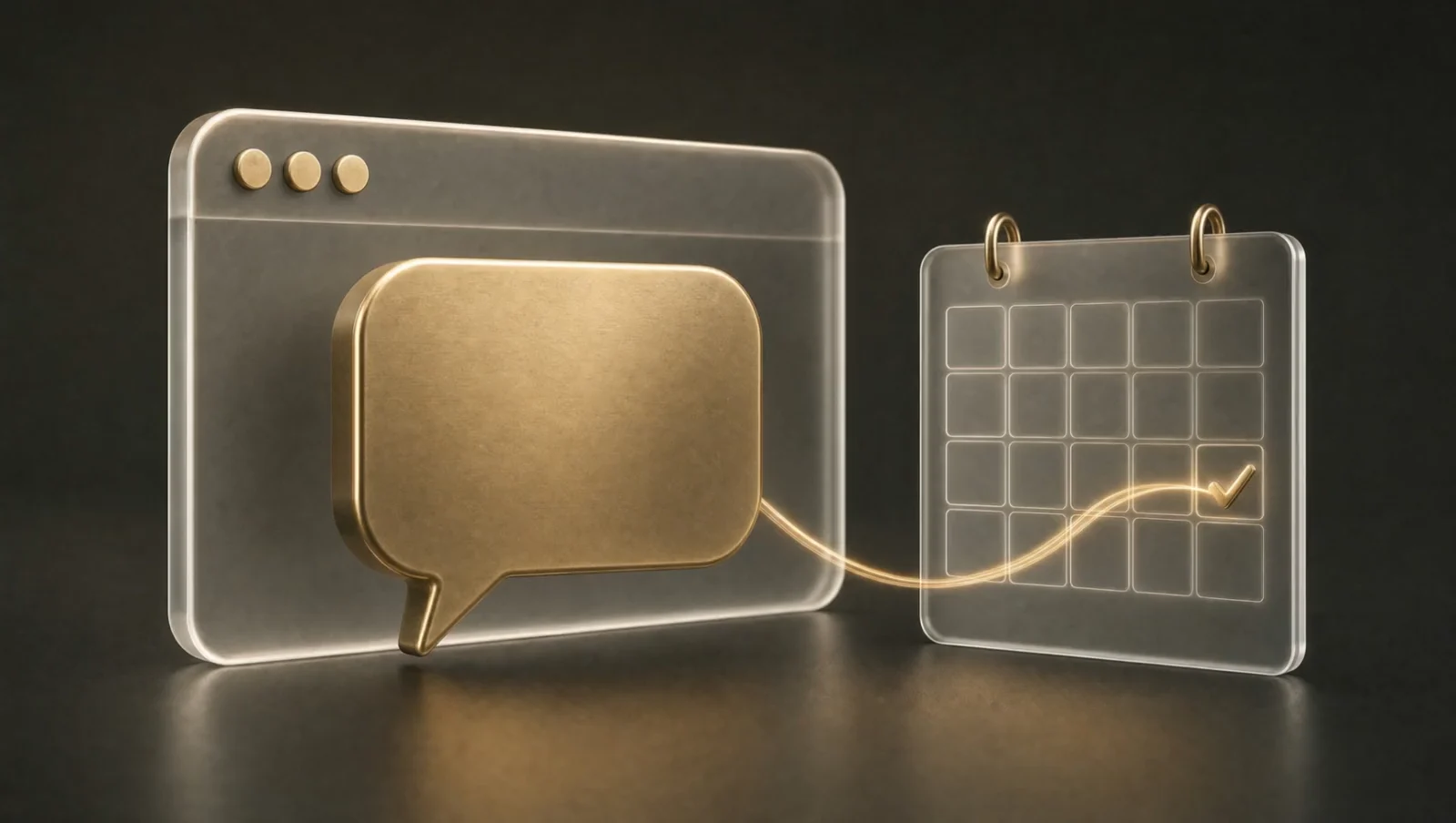 A glass browser window and chat bubble linked to a glass calendar.