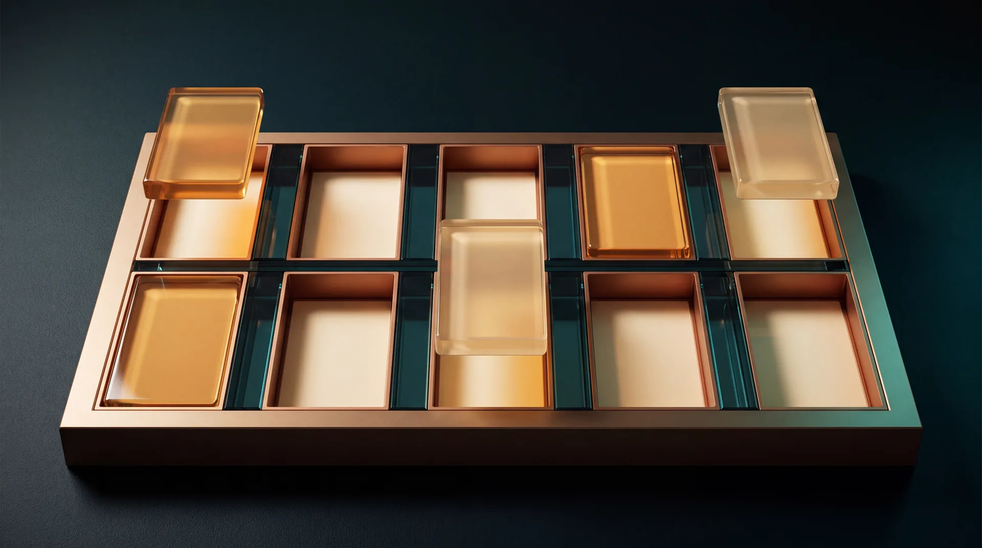 Amber glass tiles arranged within an architectural appointment grid.
