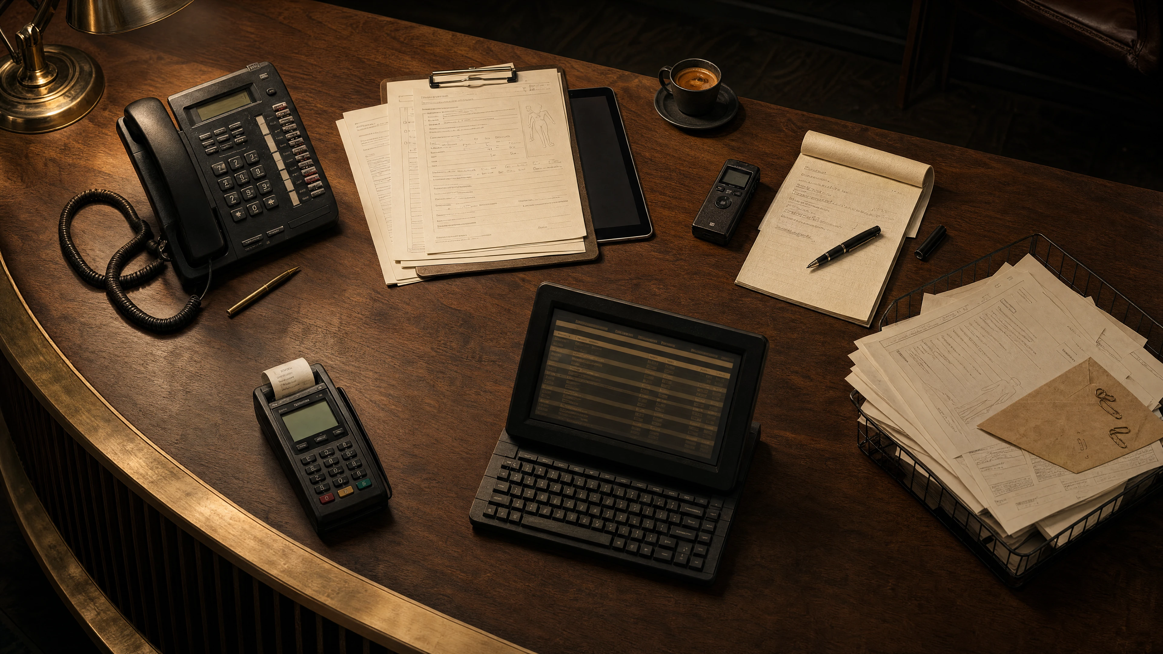 A dark walnut clinic desk with a phone, intake forms, a recorder, scattered records, a billing screen and a payment terminal.