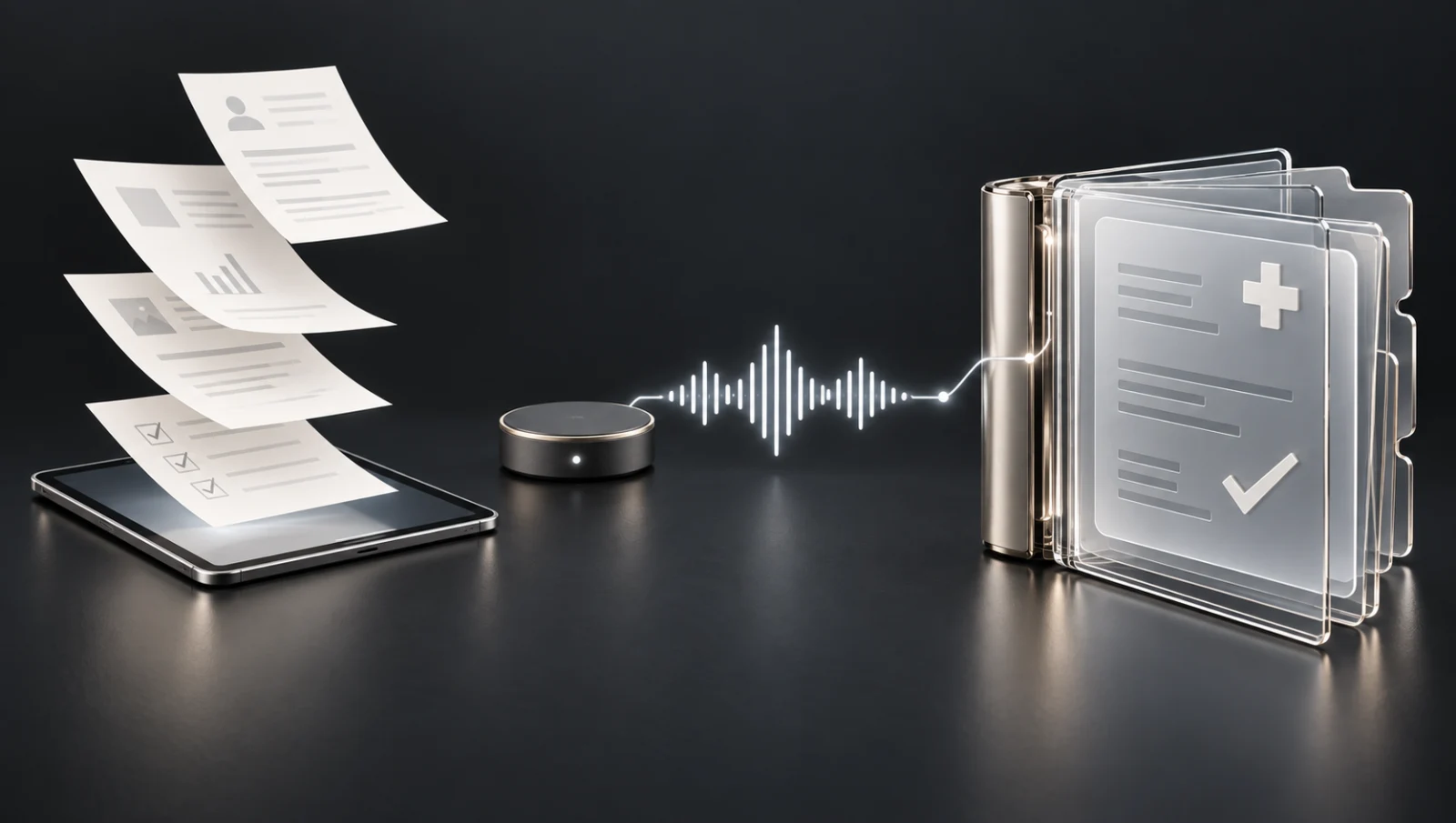 Digital records flowing from a tablet through a compact audio capture device into a structured glass clinical chart.