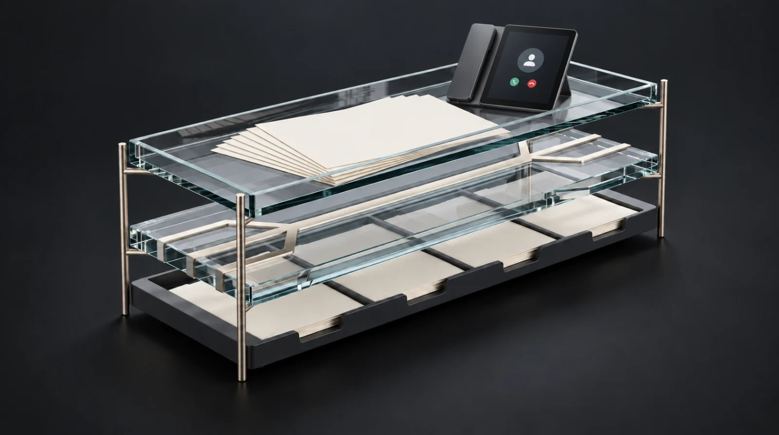 Clear glass trays of clinical records connected by fine champagne metal rails.