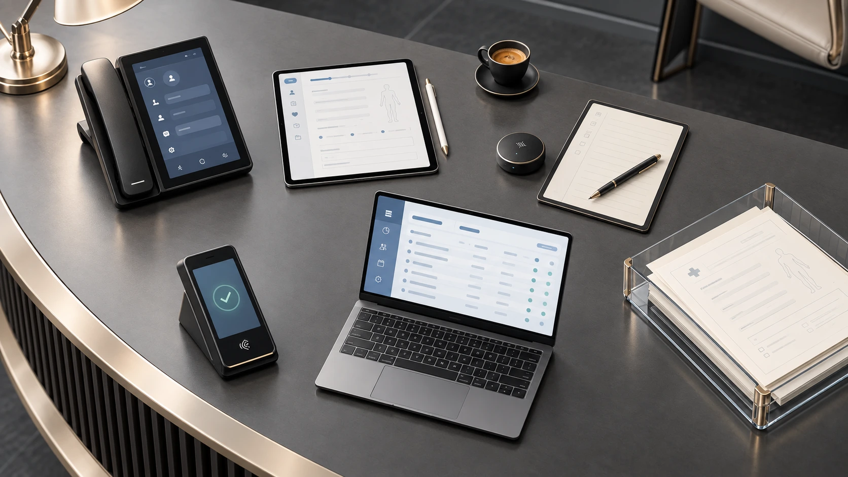A contemporary graphite desk with a touchscreen phone, intake tablet, compact audio device, glass document inbox, slim laptop and contactless payment terminal.