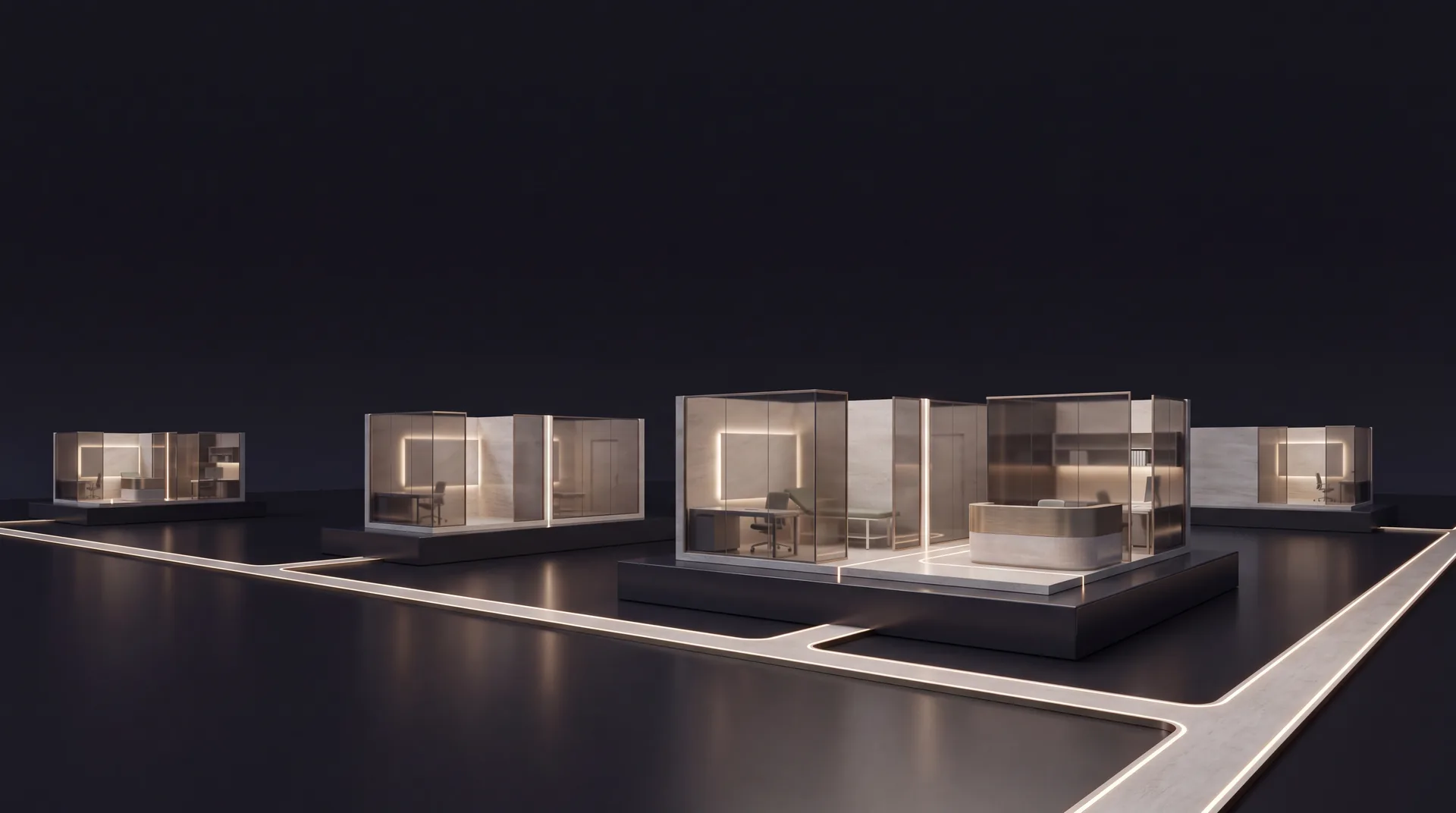 A connected landscape of glass and limestone clinics, joined by illuminated paths.