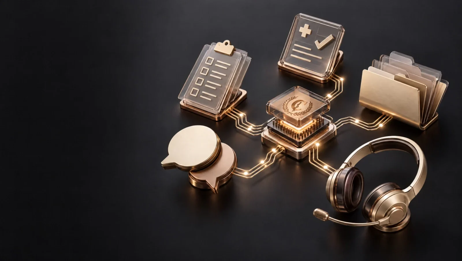 Gold and glass healthcare symbols connected to a central processor engraved with the Caesar Health emblem.
