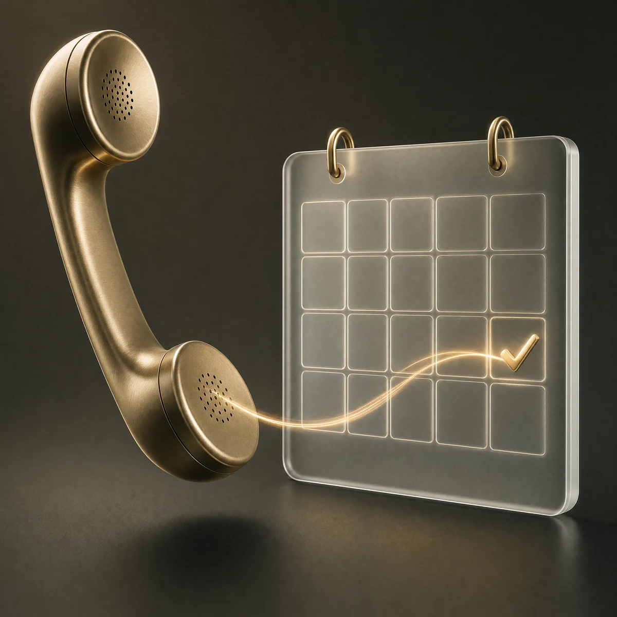 A gold telephone receiver connected to an appointment calendar by a flowing ribbon.
